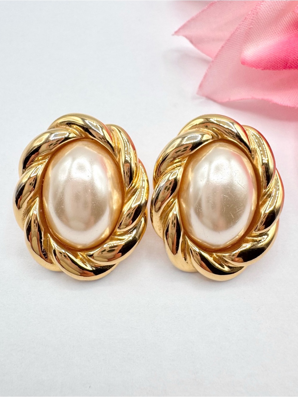 Vintage Napier Faux Pearl Cabochon Twisted Bezel Stud Earrings Old Money Classic
